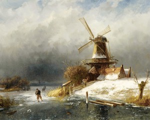 Winter landscape with skaters near a windmill